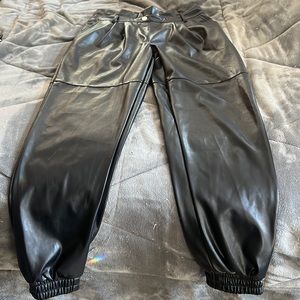 Black faux leather joggers with pockets!